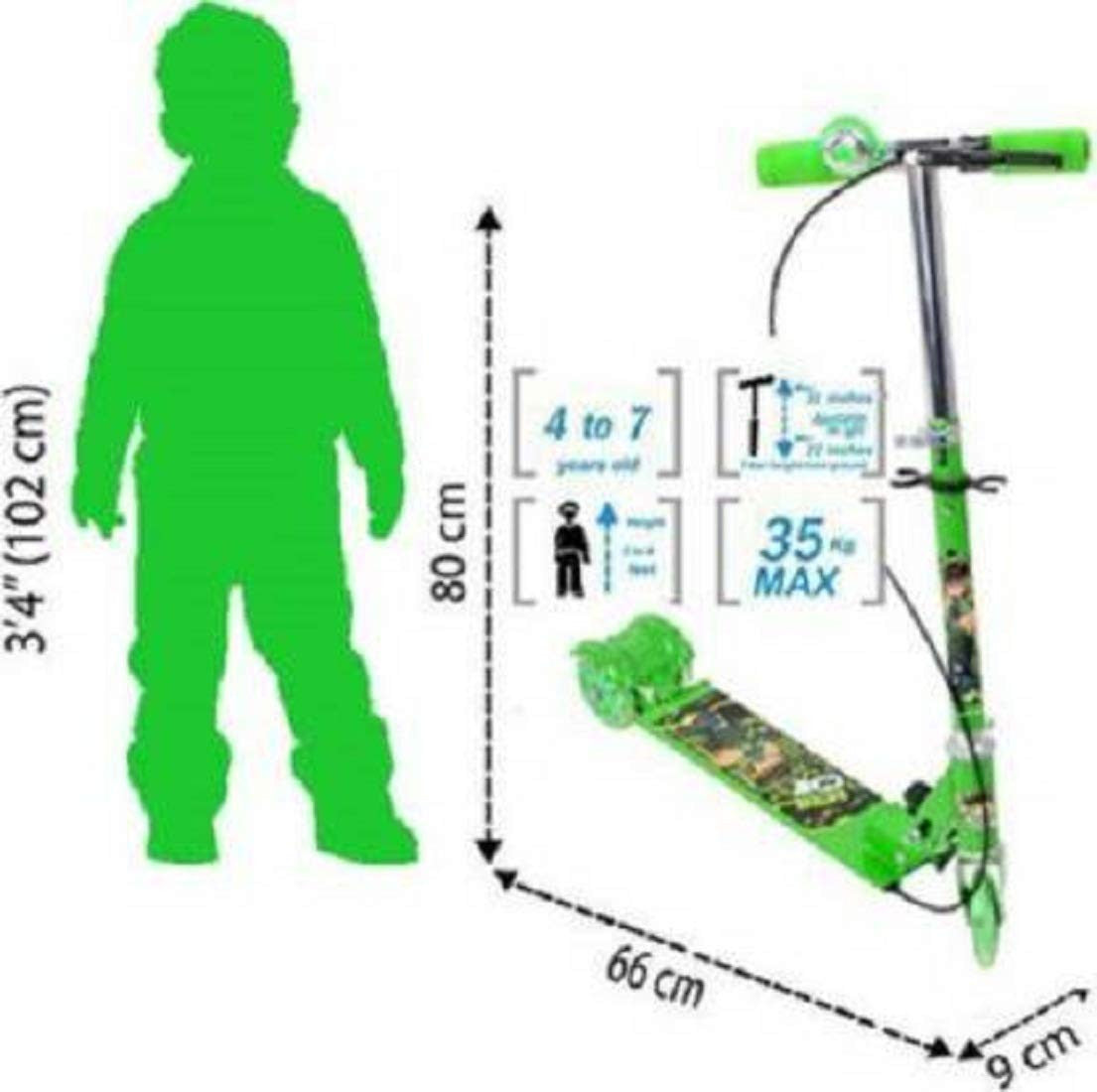 Kids Green Foldable 3-Wheel Scooter with Lights, Brake & Bell