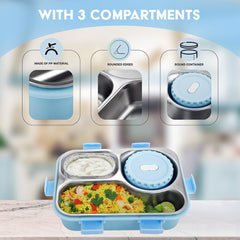 Premium 3-Section Stainless Steel Lunch Box with Soup Bowl & Cutlery
