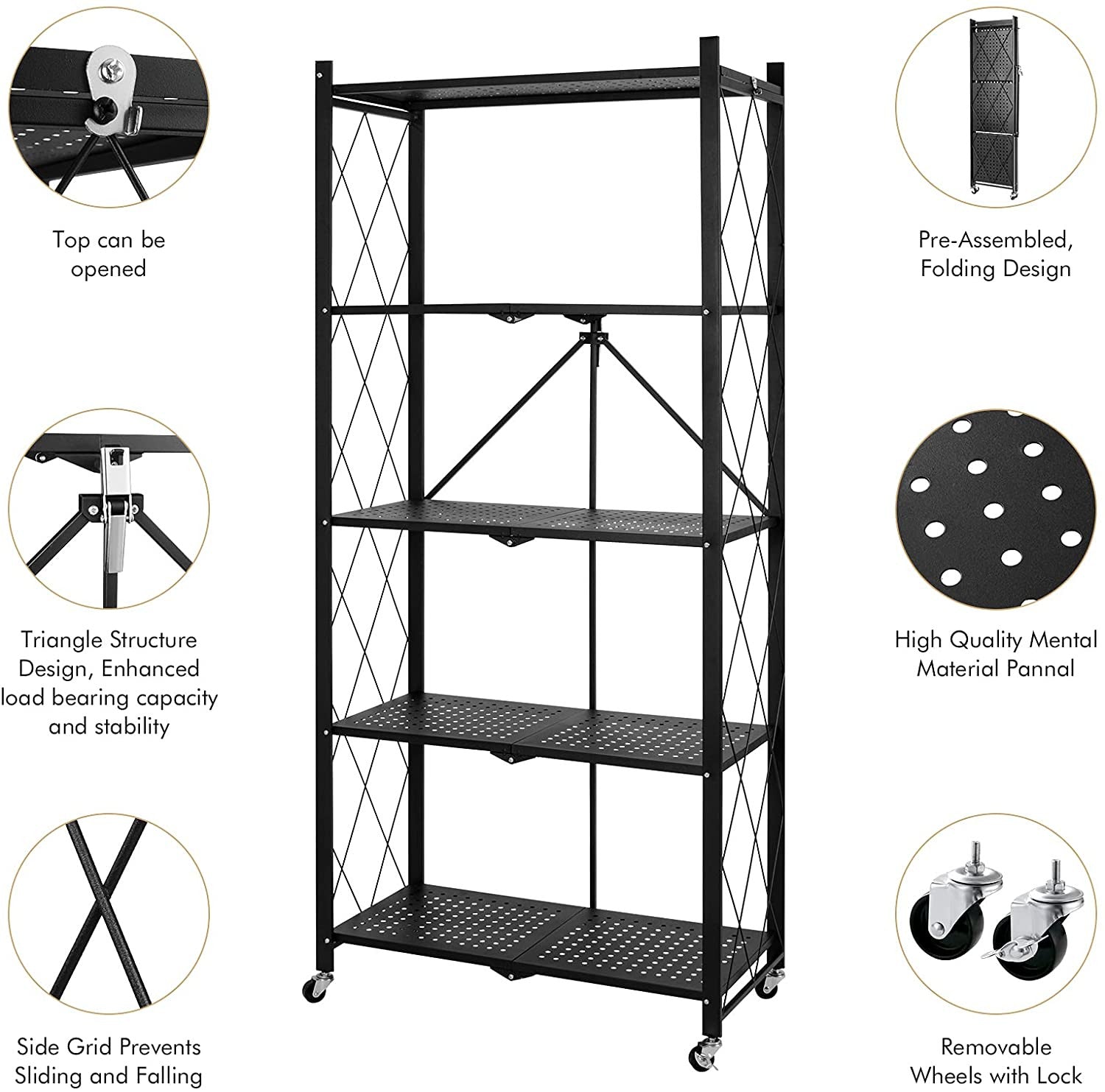 Rustic Brown 5-Layer Foldable Kitchen & Storage Rack on Wheels