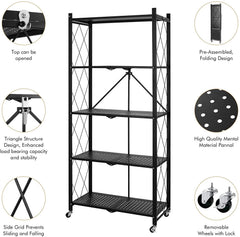 Rustic Brown 5-Layer Foldable Kitchen & Storage Rack on Wheels