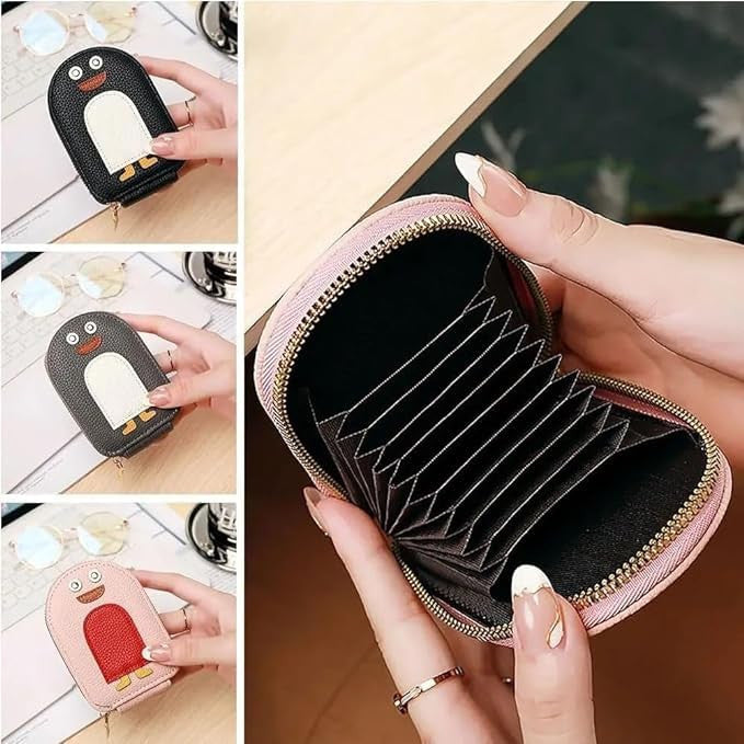Leather Penguin Card Holder - Slim Mini Wallet for Cards