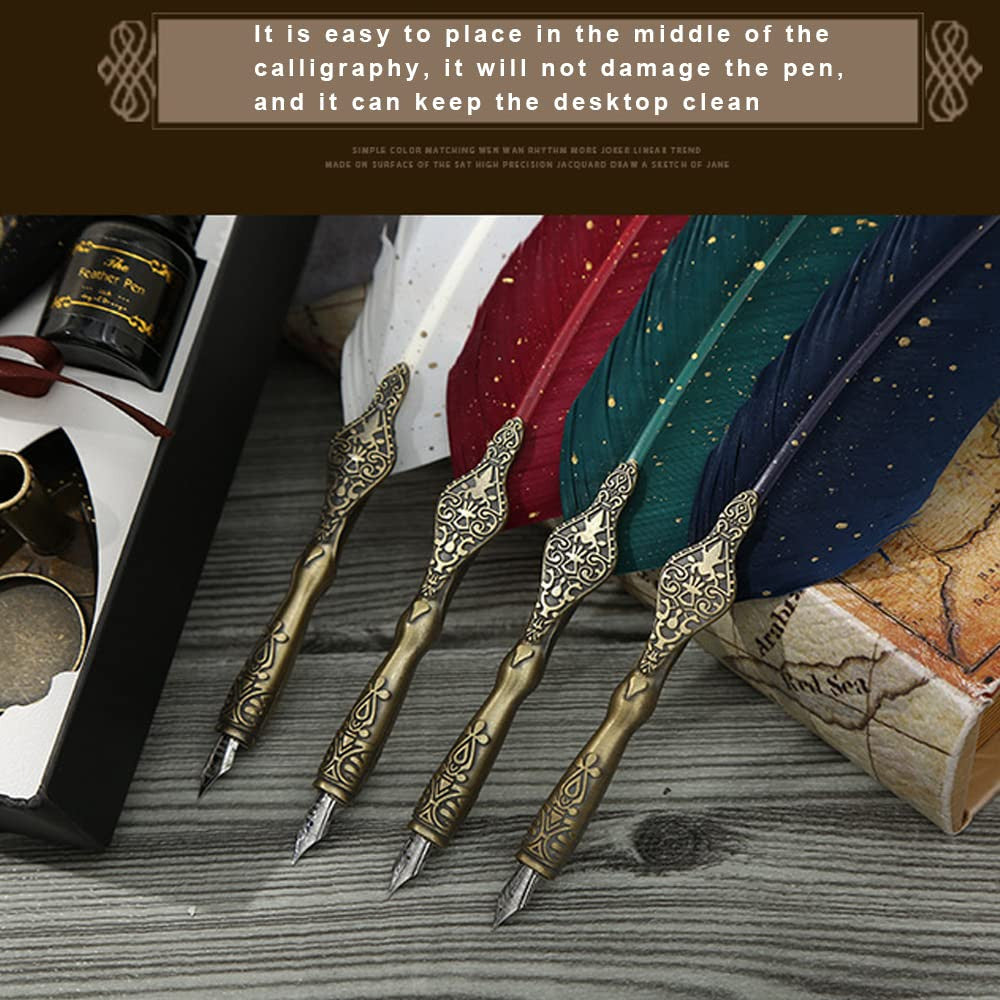Vintage Carving Feather Pen Set with Ink, Nibs & Stand