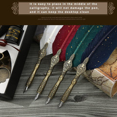 Vintage Carving Feather Pen Set with Ink, Nibs & Stand