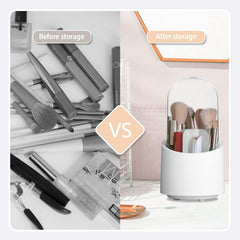 360° Rotating Makeup Brush Holder with Lid and Compartments