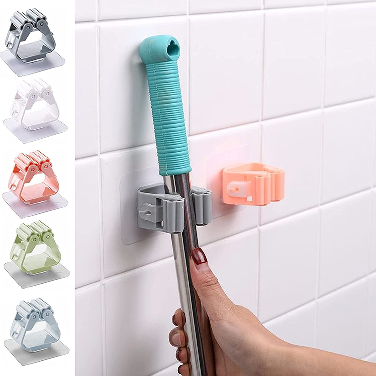 Wall-Mounted Plastic Broom and Mop Holder with Sticker - 1 Pc