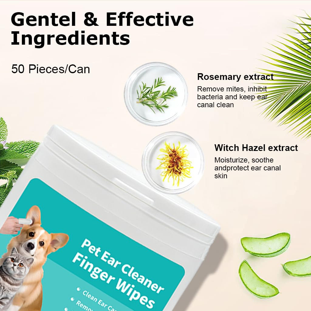 Dog & Pet Ear Cleaning Wipes - 50 Pack Finger Cover Wet Wipes