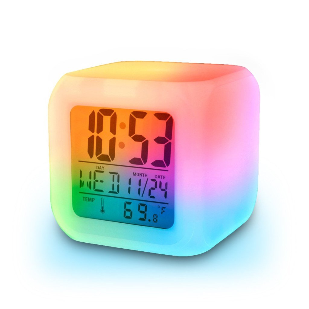 7-Color Changing Digital Alarm Clock with Temperature – White, 7.5cm