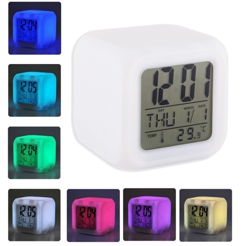 7-Color Changing Digital Alarm Clock with Temperature – White, 7.5cm