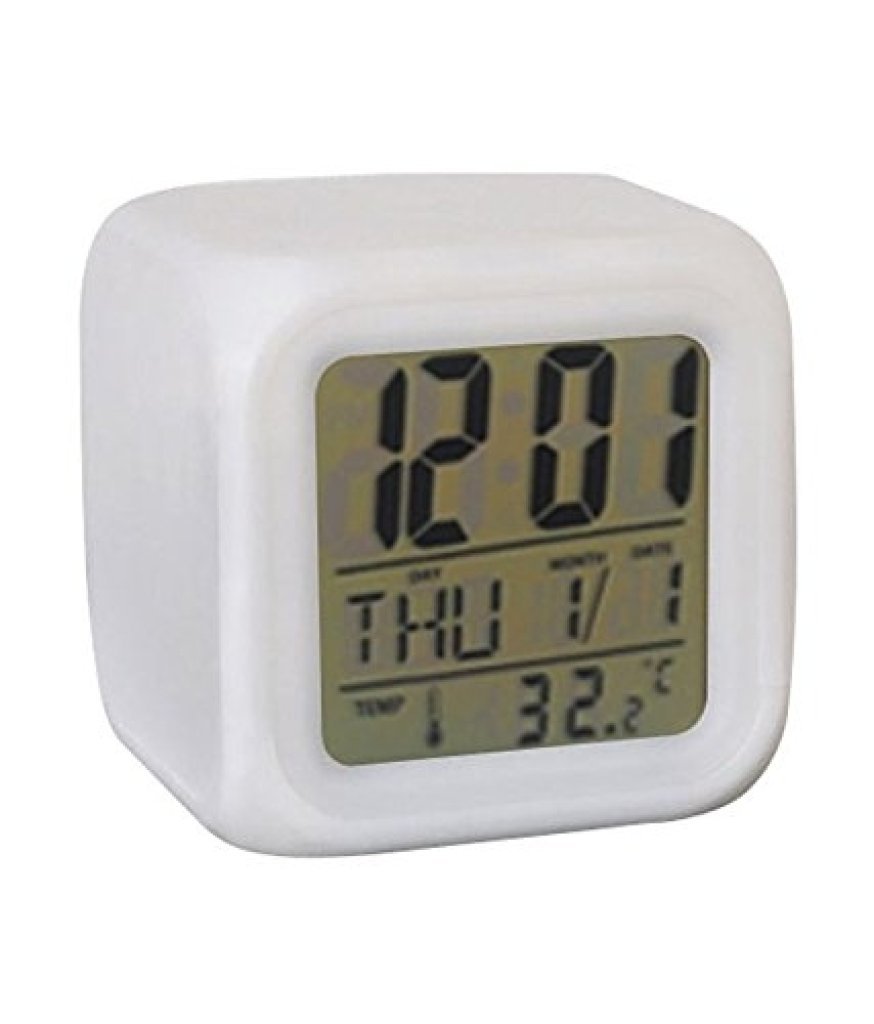 7-Color Changing Digital Alarm Clock with Temperature – White, 7.5cm