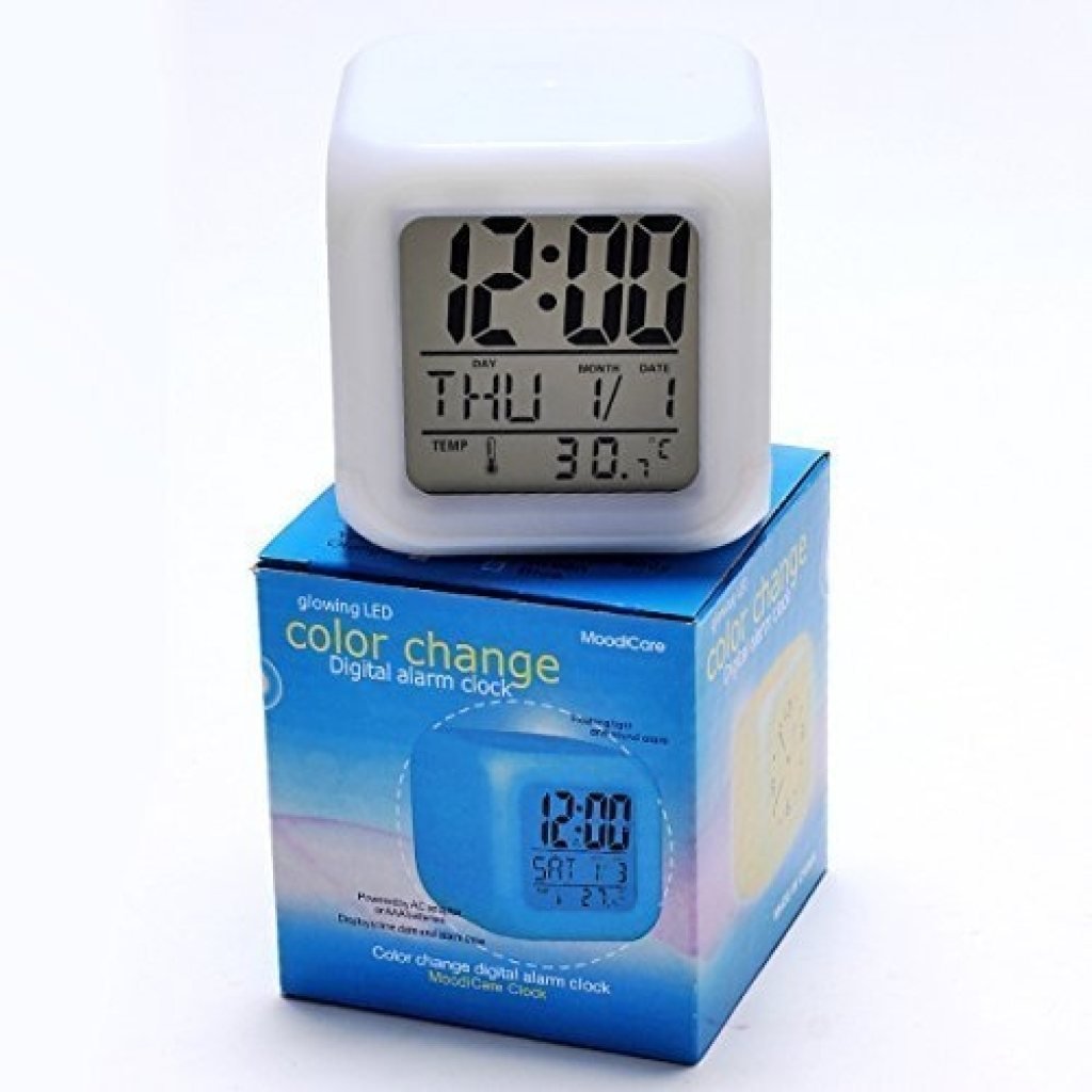 7-Color Changing Digital Alarm Clock with Temperature – White, 7.5cm