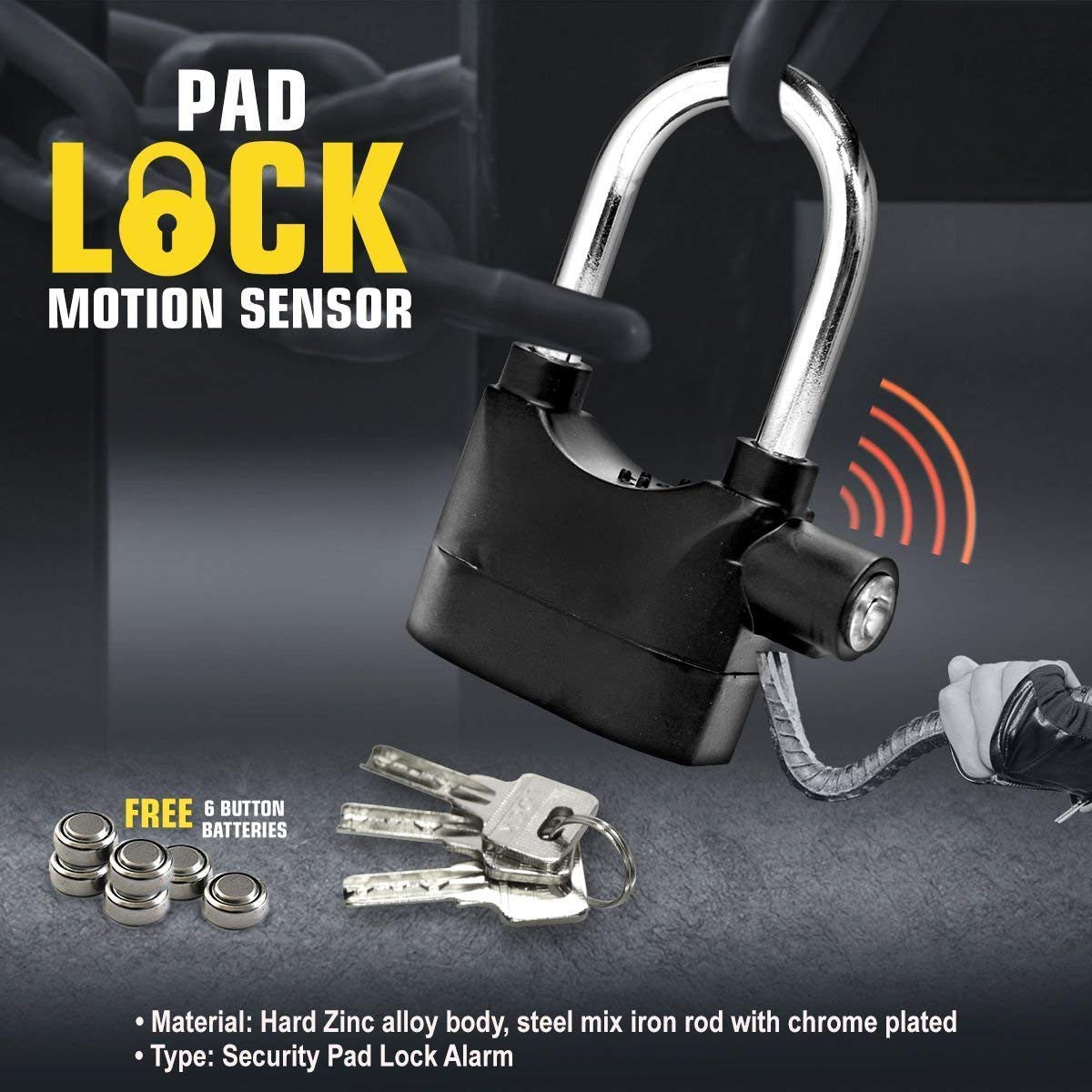 Black Motion Sensor Alarm Lock for Home & Bike Security