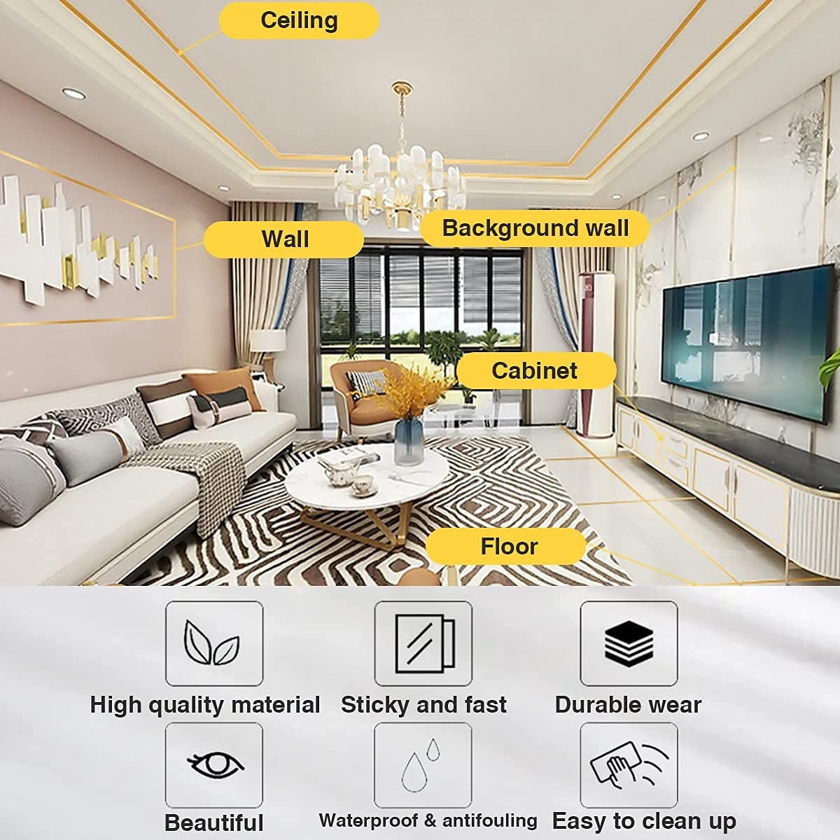 Golden 1cm x 50m Waterproof Tile Sealing Tape for Floor & Wall Decor