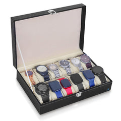 Genuine Leather 12-Slot Watch Organizer with Glass Display Case