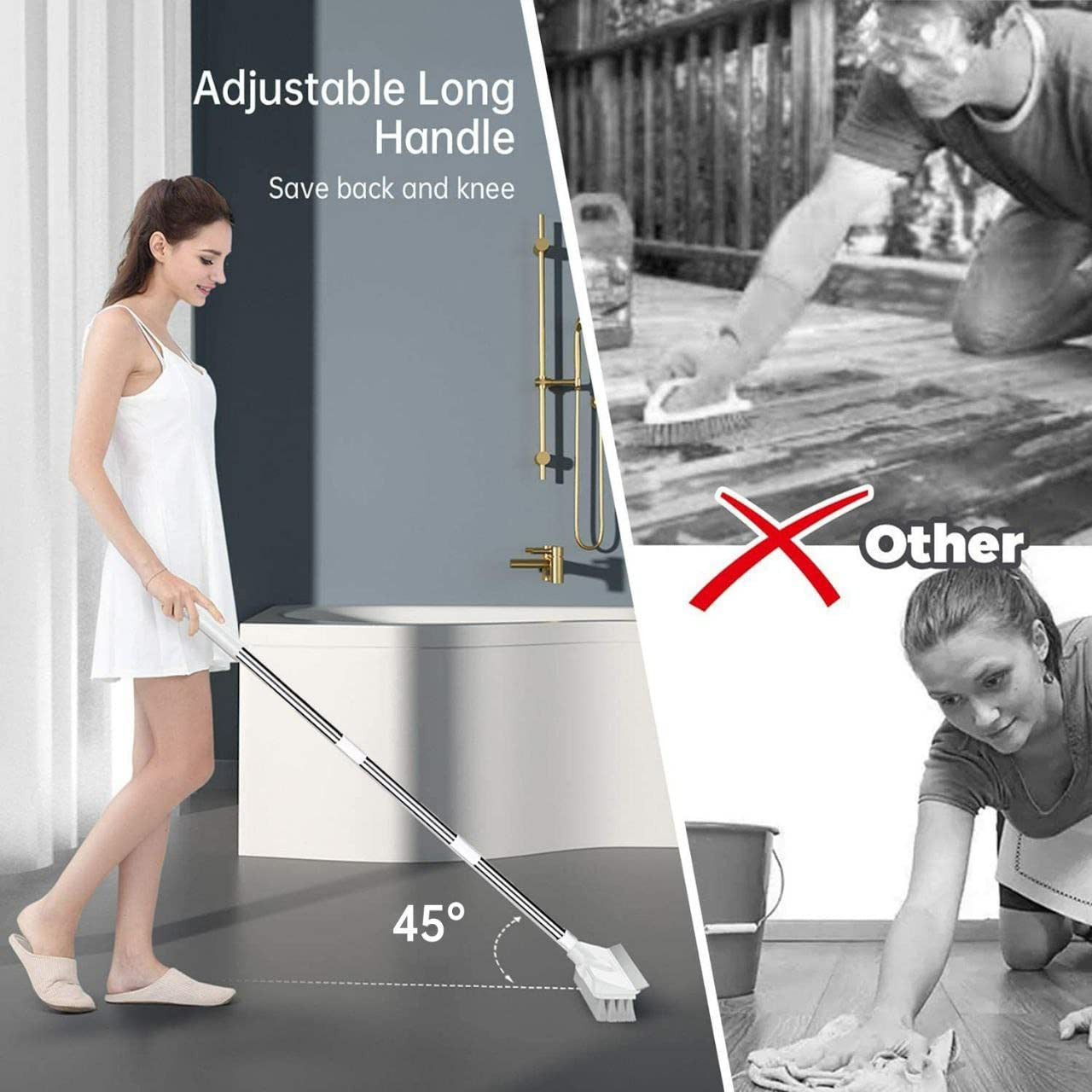 White 2-in-1 Bathroom & Floor Cleaning Brush with Wiper and Long Handle