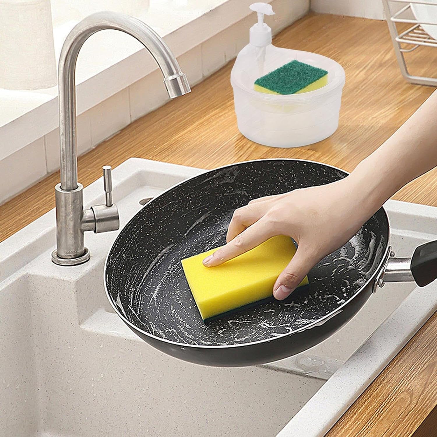 Elegant Soap Dispenser & Scrubber Holder with Pump for Kitchen & Bathroom