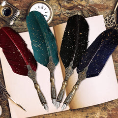 Vintage Carving Feather Pen Set with Ink, Nibs & Stand