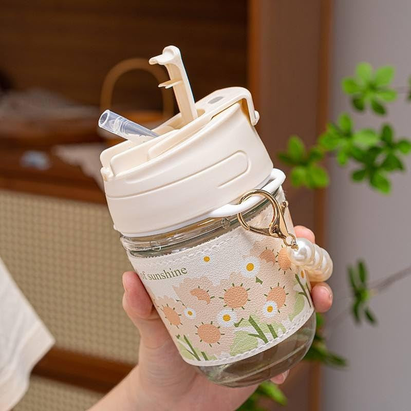 Elegant Pearl Chain Glass Coffee Mug with Straw and Sleeve