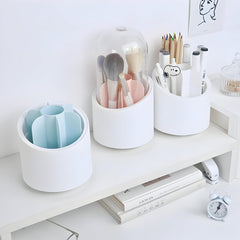 360° Rotating Makeup Brush Holder with Lid and Compartments