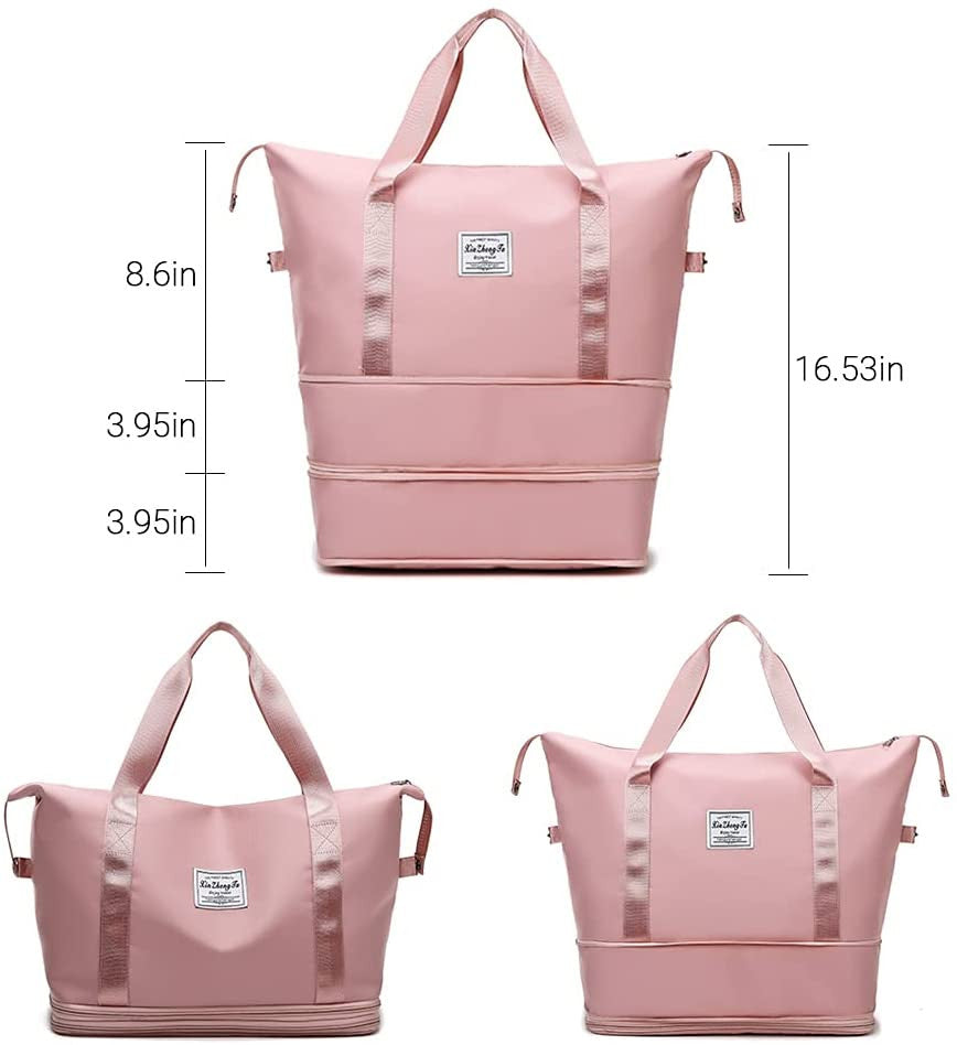 Large Expandable Pink Travel Duffel Bag with Wet Dry Pockets