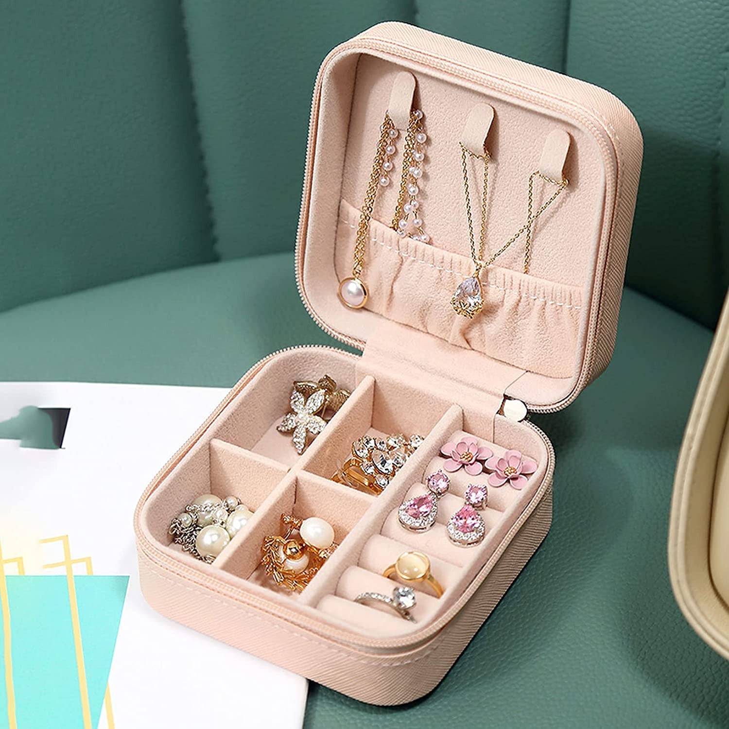 Portable Mini Jewelry Organizer Box with Necklace Hooks & Compartments