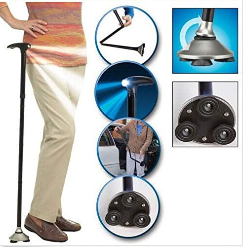 Aluminum LED Folding Walking Stick with Light & Wooden Handle for Seniors