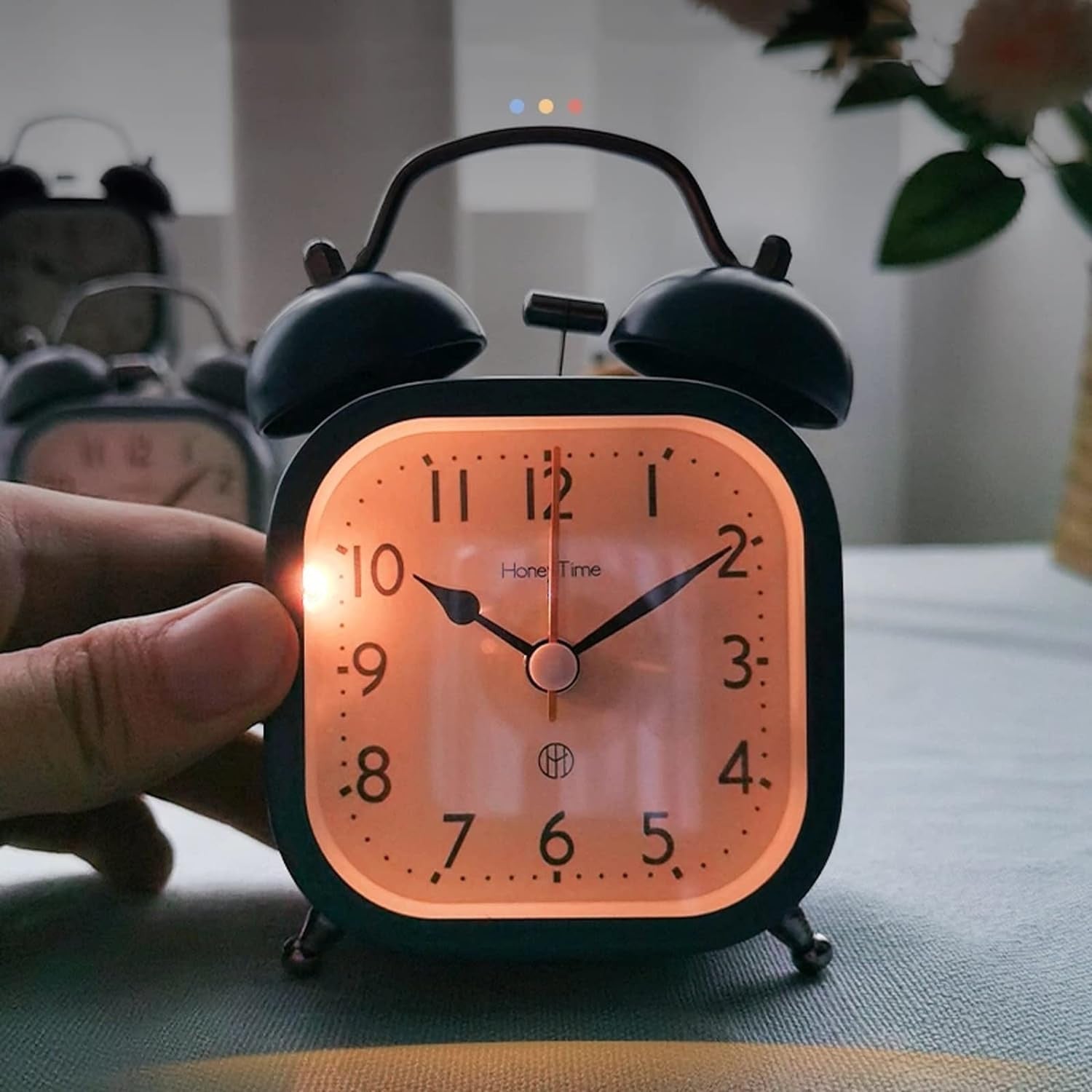 Square Twin Bell Alarm Clock with Night LED Light for Desk and Table