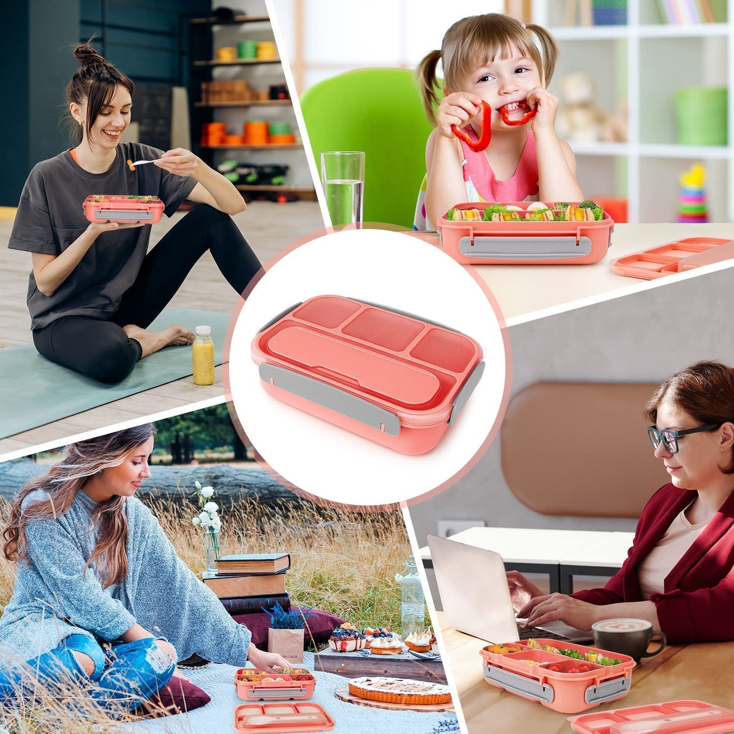 Leakproof 4-Compartment Square Lunch Box for Kids & Adults, Reusable