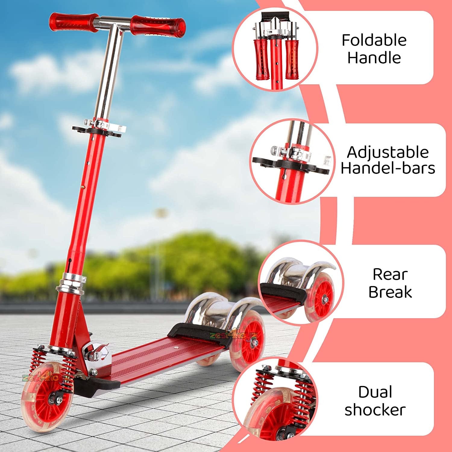 Kids Red 3-Wheel Foldable Scooter with Lights, Brake & Bell