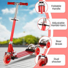 Kids Red 3-Wheel Foldable Scooter with Lights, Brake & Bell