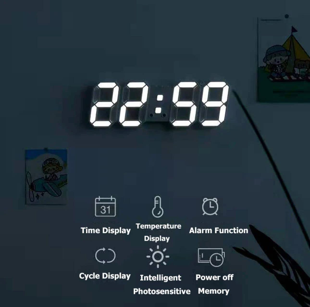 Modern White 3D LED Wall Clock with Alarm and Digital Display