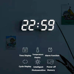 Modern White 3D LED Wall Clock with Alarm and Digital Display