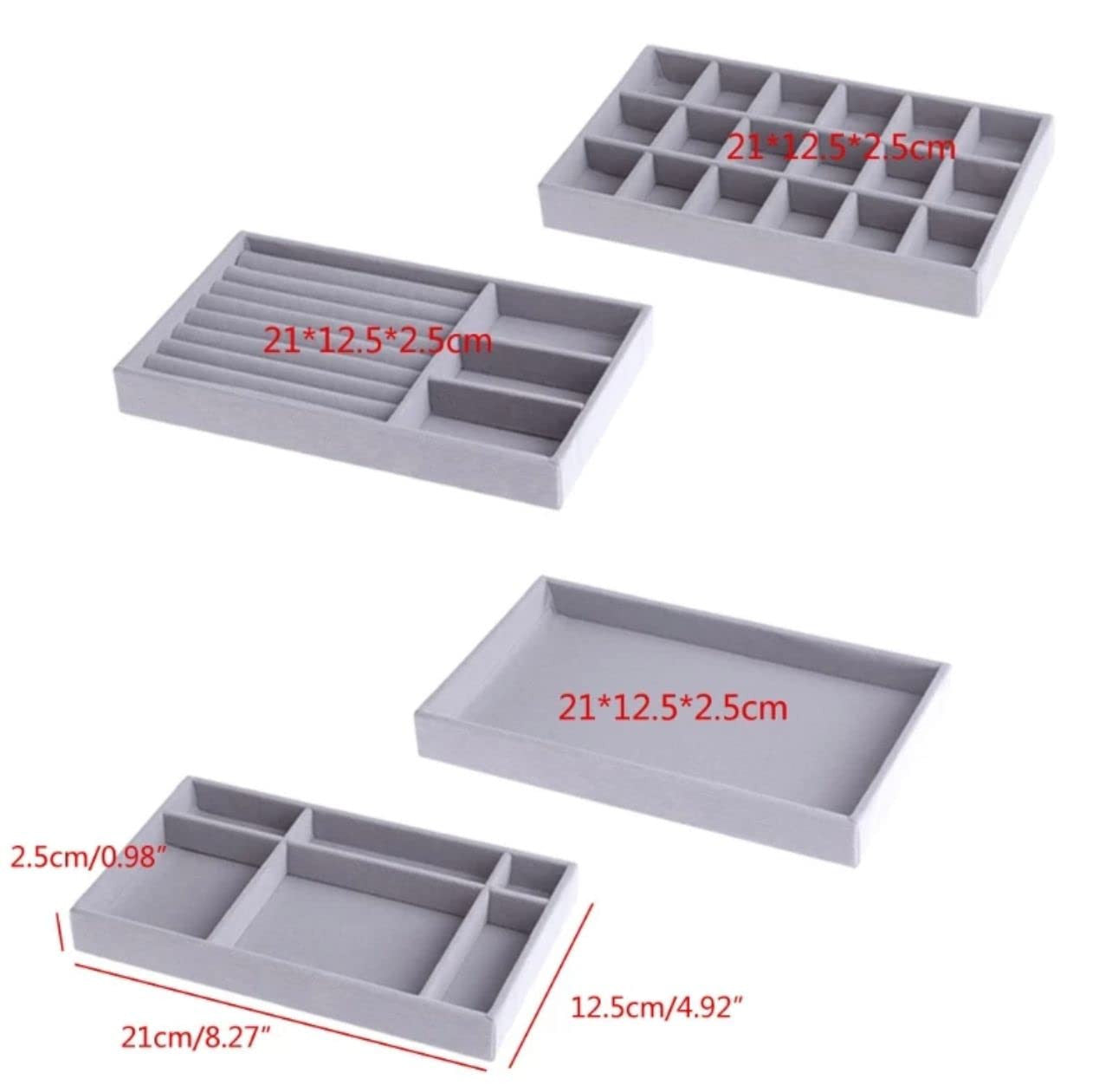 4-Pack Velvet Jewelry Trays - Grey Drawer Organizer Set