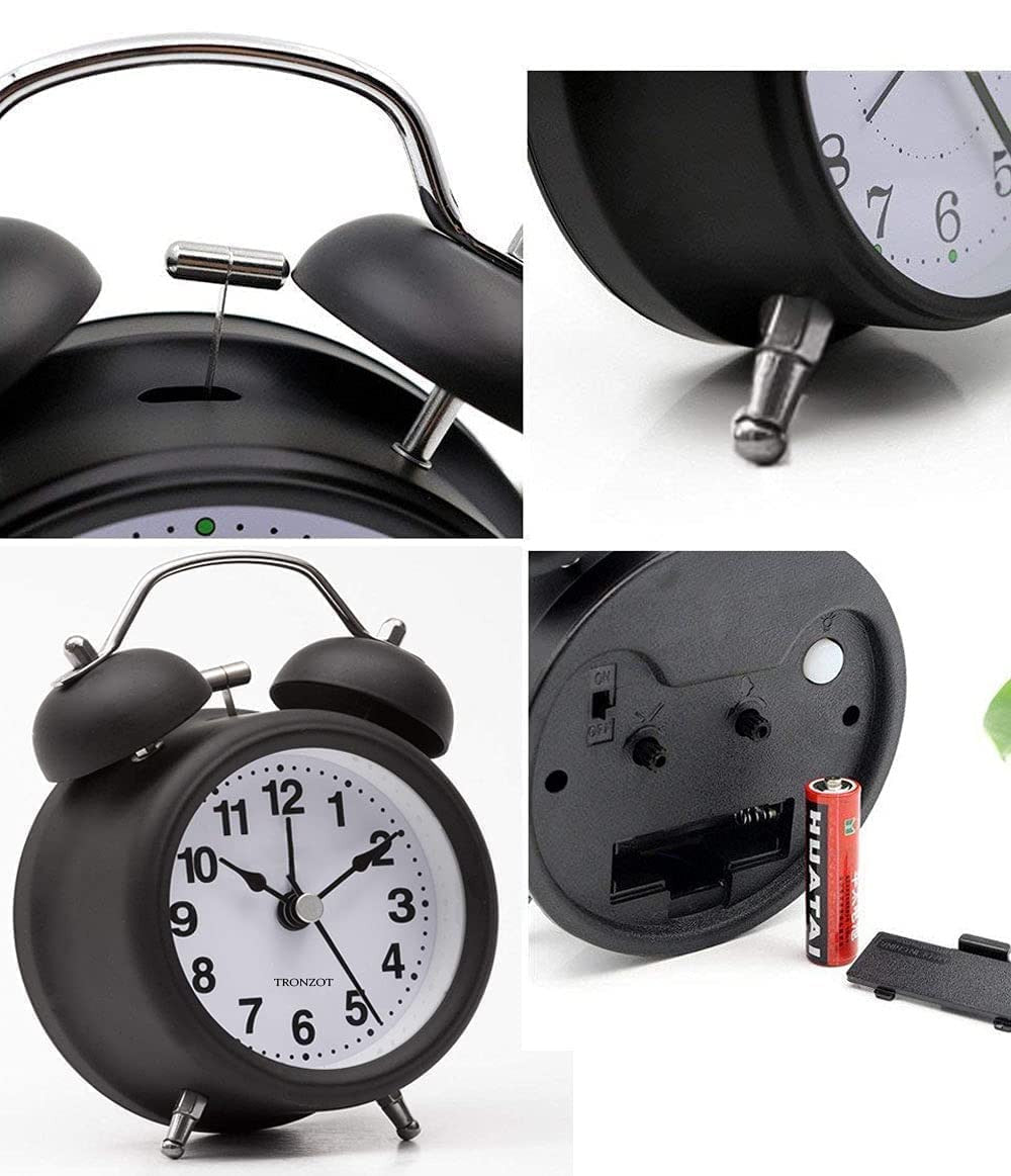 Twin Bell Vintage Alarm Clock Black & White with Backlight