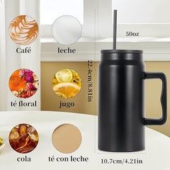 1500ml Insulated Stainless Steel Mug with Handle and Straw