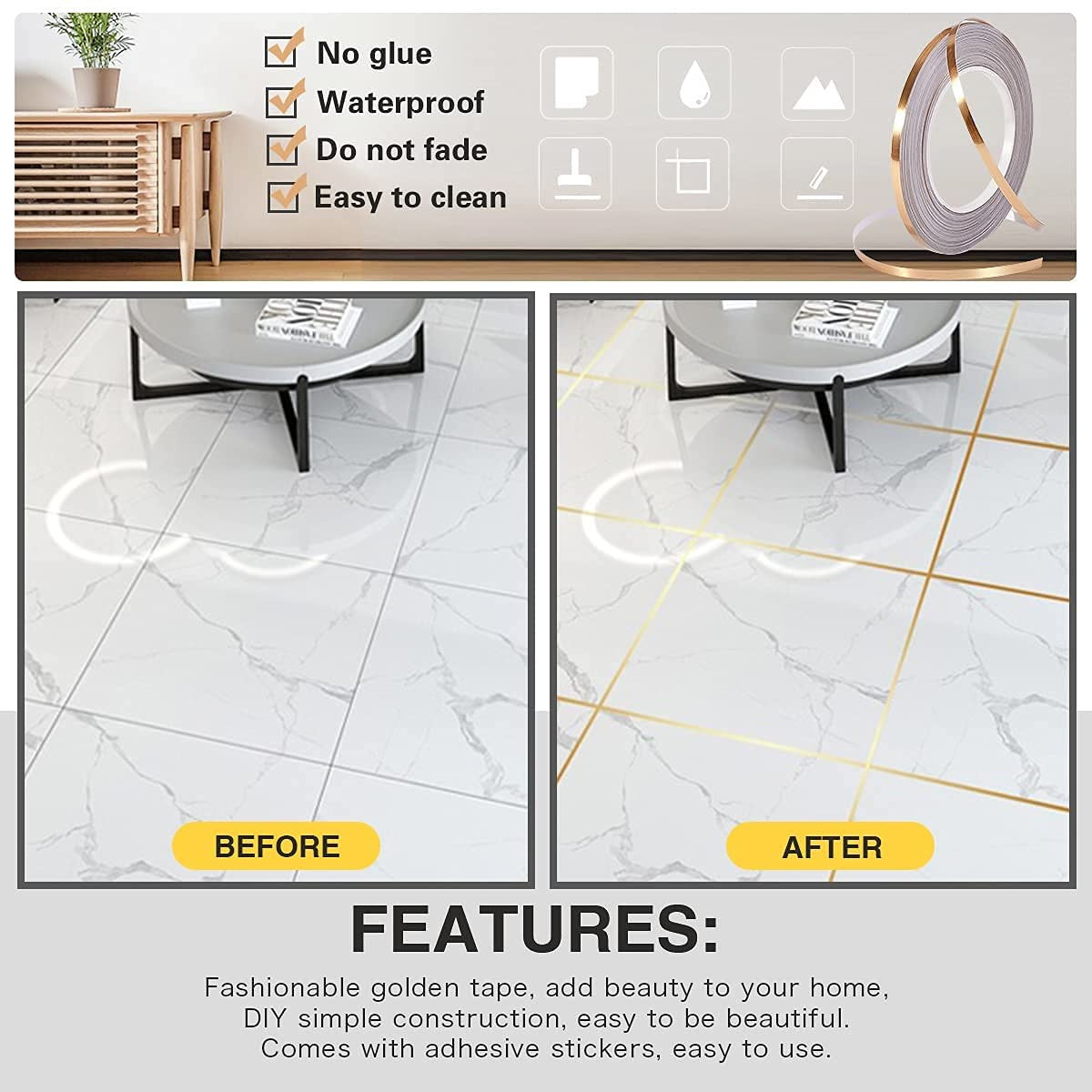 Golden 1cm x 50m Waterproof Tile Sealing Tape for Floor & Wall Decor