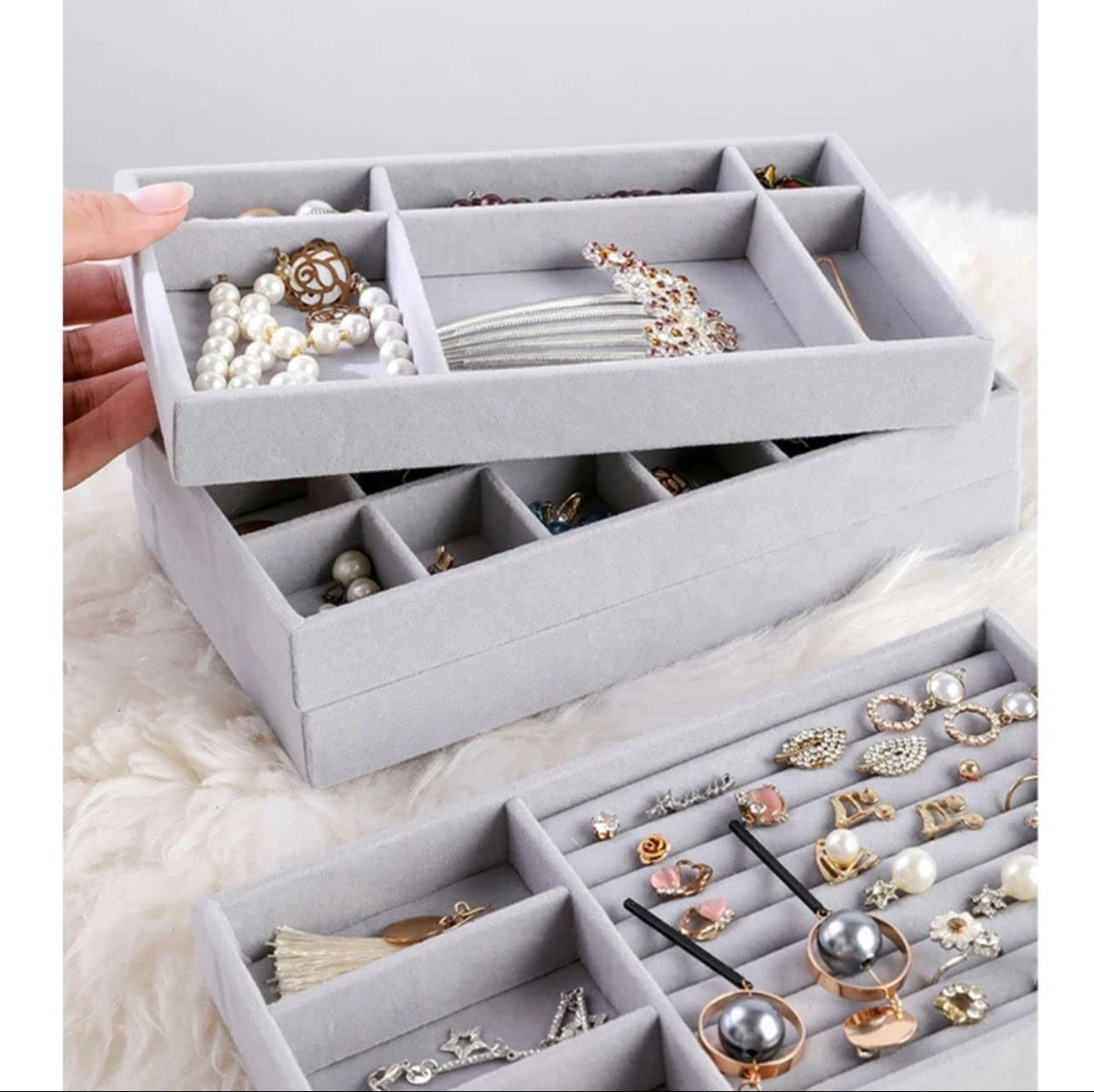 4-Pack Velvet Jewelry Trays - Grey Drawer Organizer Set