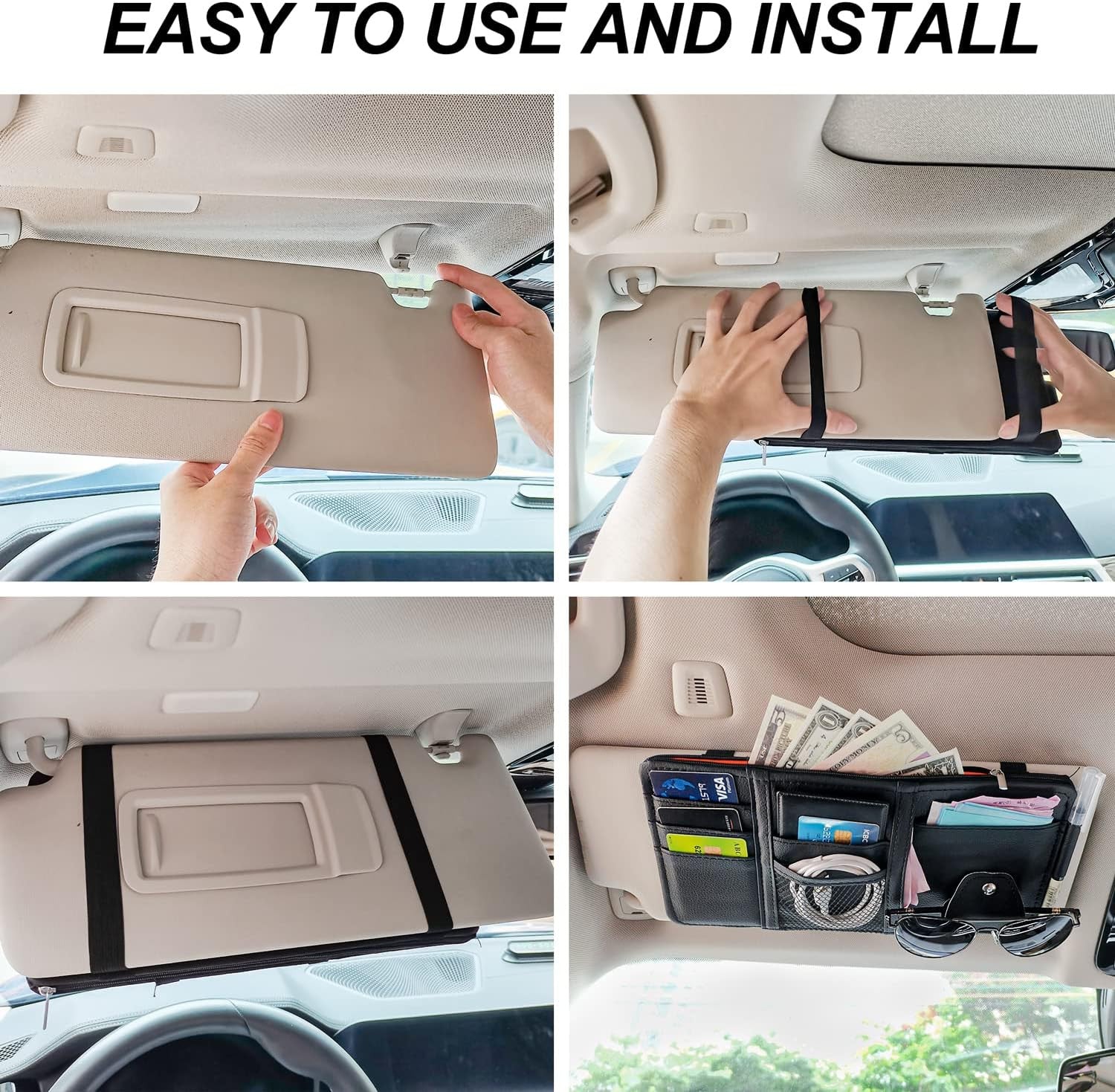 Multi-Pocket Car Sun Visor Organizer with Zipper & Elastic Straps