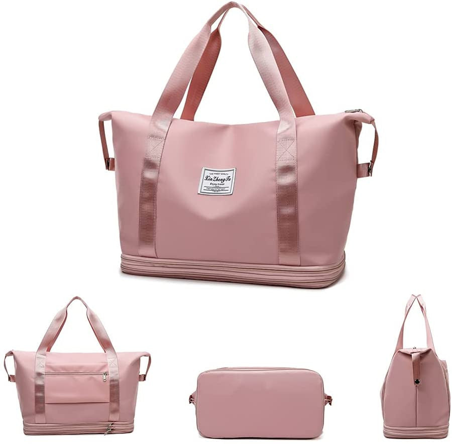 Large Expandable Pink Travel Duffel Bag with Wet Dry Pockets