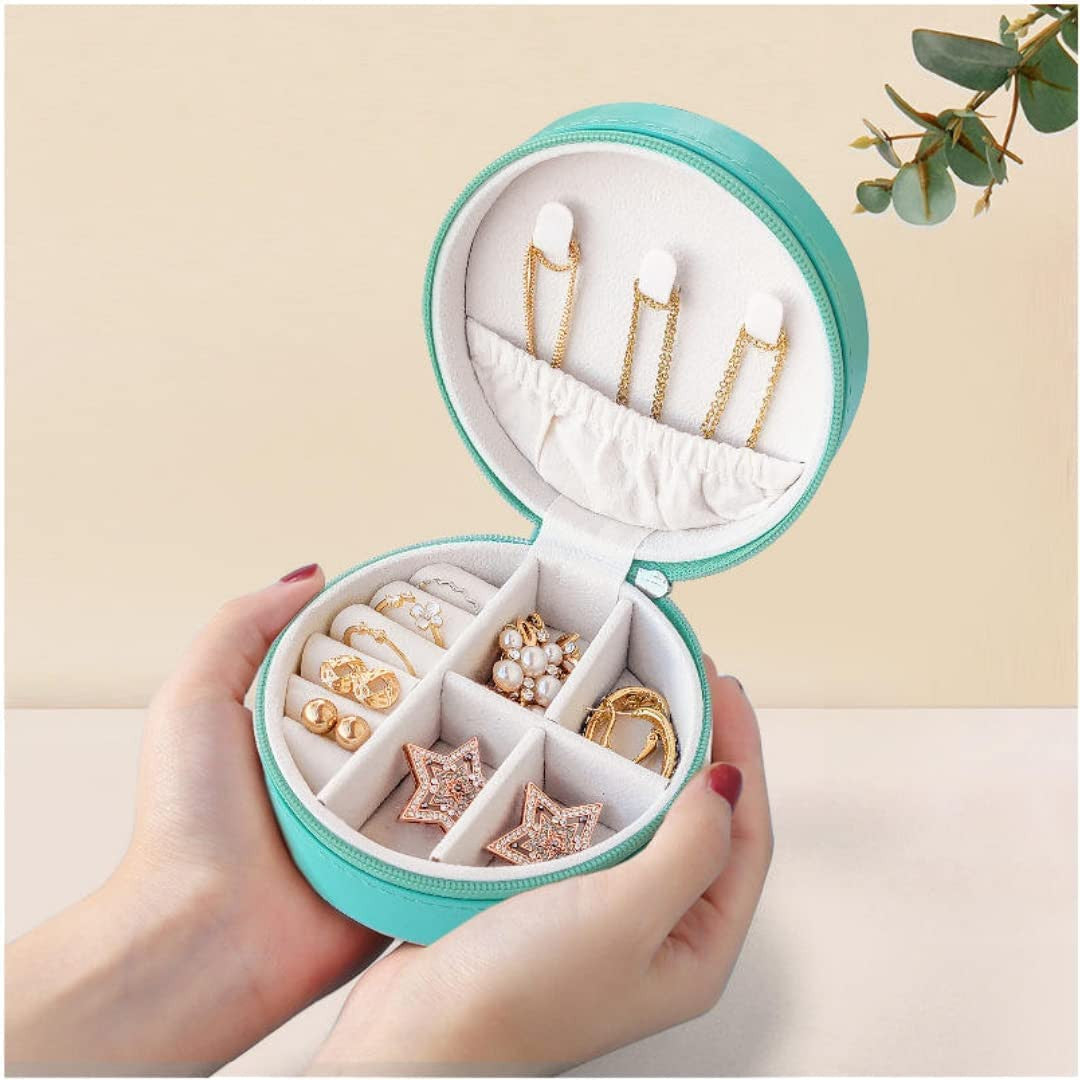 Round Mini PU Leather Jewelry Organizer Box for Travel and Storage