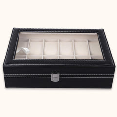 Genuine Leather 12-Slot Watch Organizer with Glass Display Case