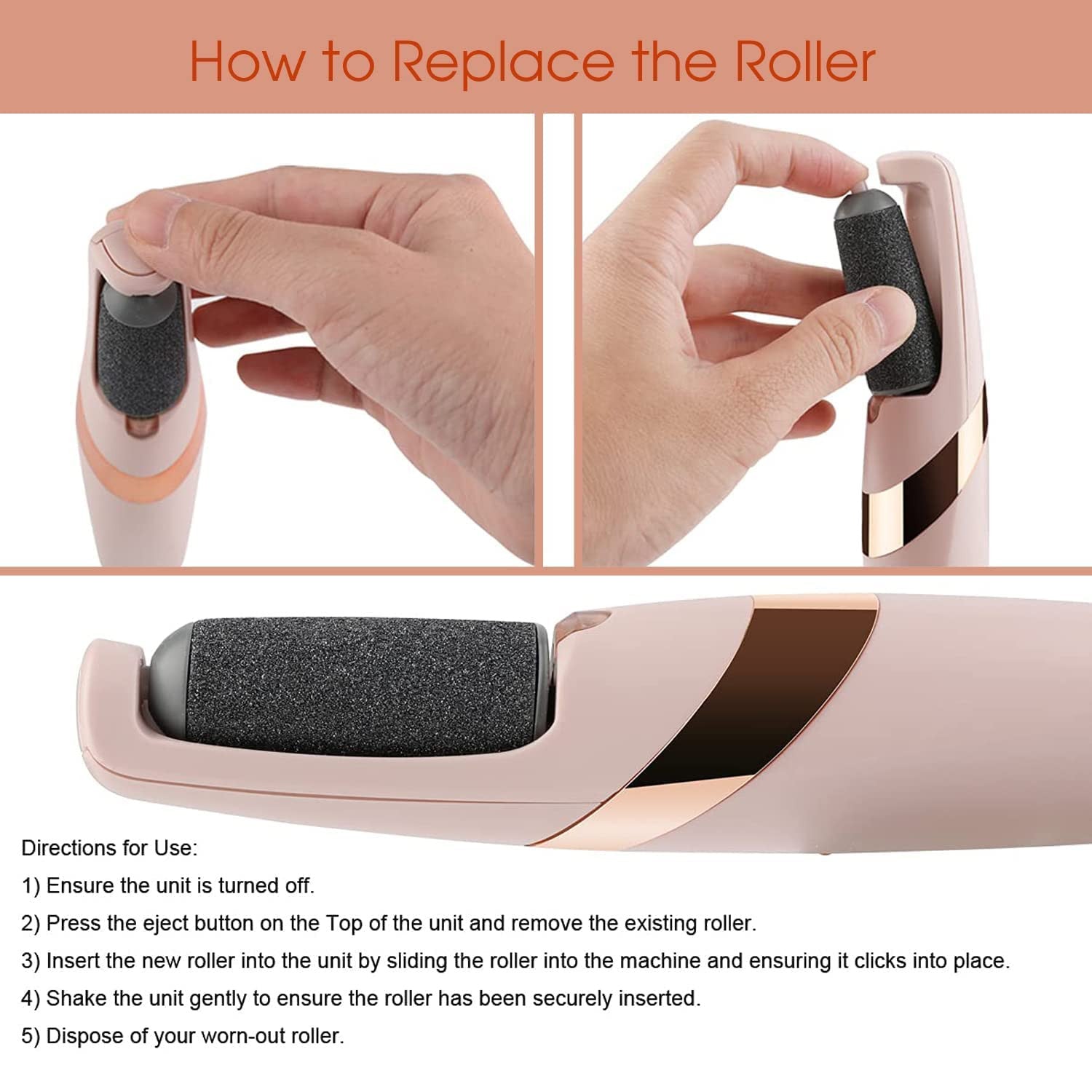 Cordless Electronic Pedicure Tool with 2 Replacement Rollers and LED Light