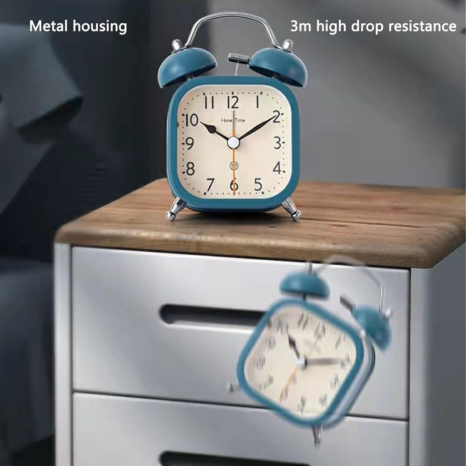 Square Twin Bell Alarm Clock with Night LED Light for Desk and Table