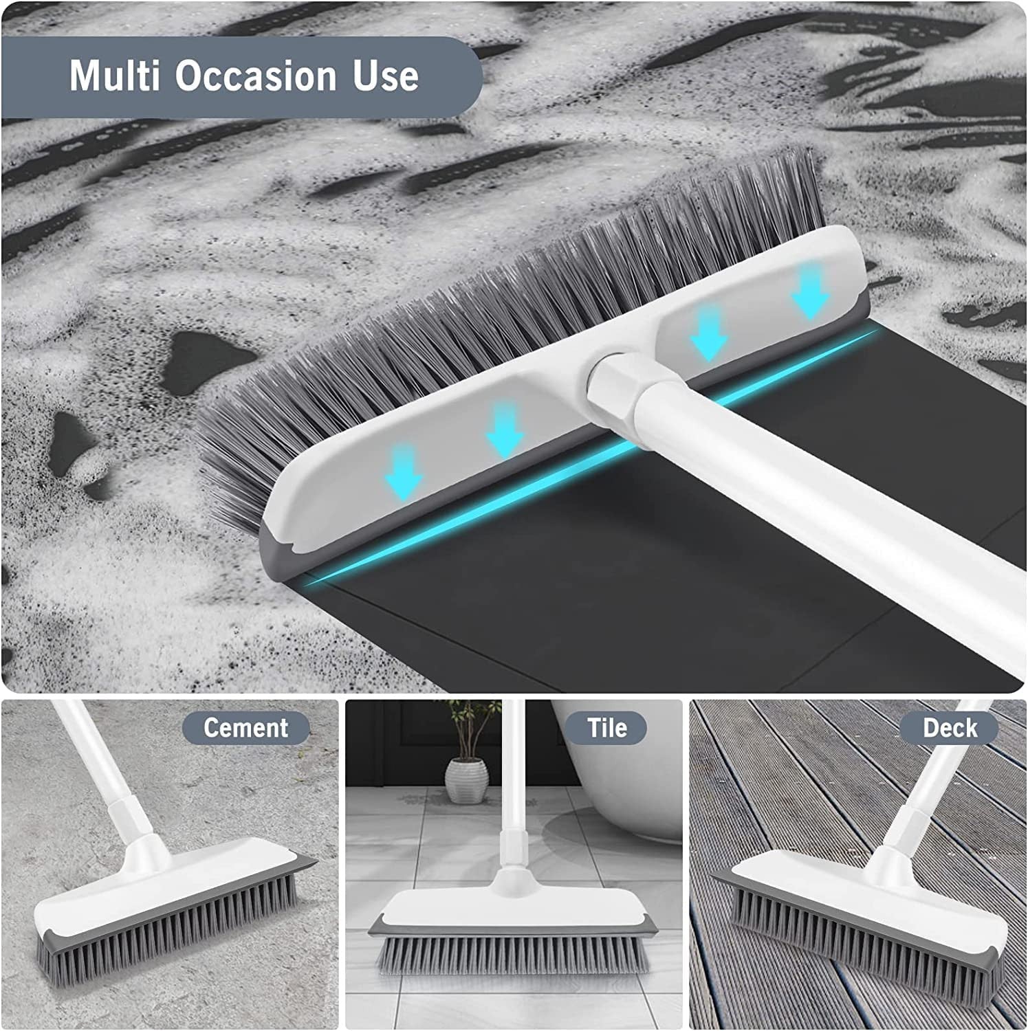 White 2-in-1 Bathroom & Floor Cleaning Brush with Wiper and Long Handle