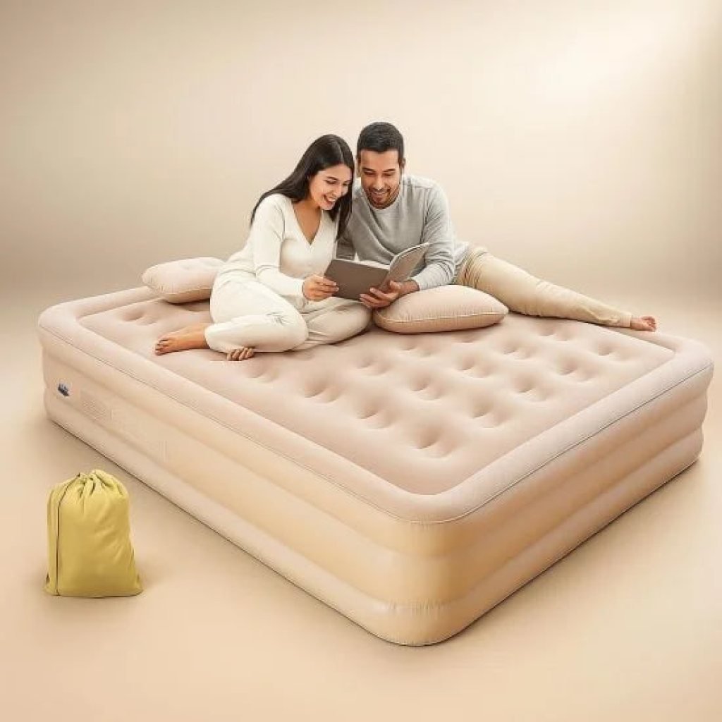 Inflatable Double Air Mattress with Built-in Pump – Portable, Soft Flocked Top, for Home, Travel & Camping