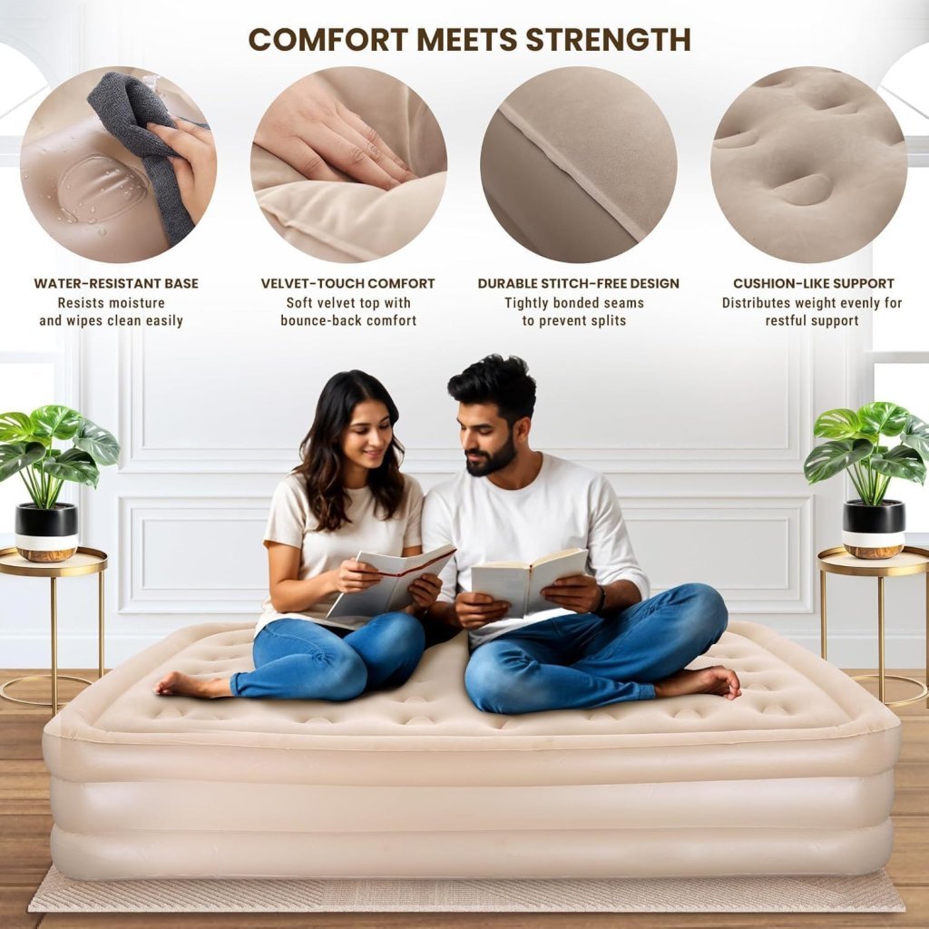 Inflatable Double Air Mattress with Built-in Pump – Portable, Soft Flocked Top, for Home, Travel & Camping
