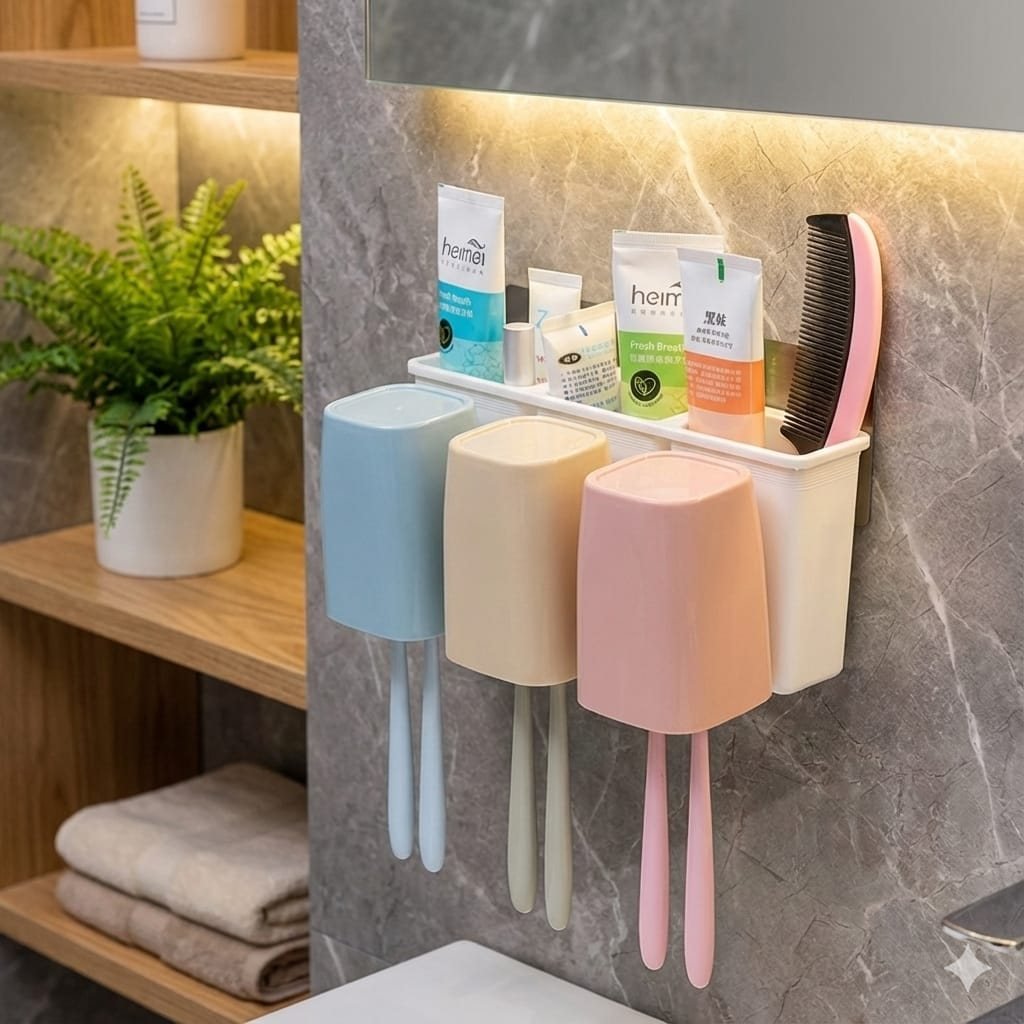Anti Dust 3-Cup Self-Adhesive Toothbrush Holder