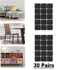 30 Pairs Square Chair Leg Pads – Anti Slip Rubber Furniture Grippers for Hardwood, Carpet & Tile Floors