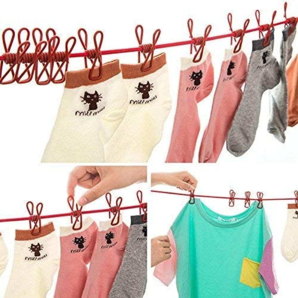 Multi-Functional Portable Clothesline with 12 Clips & Hooks – Indoor & Outdoor Windproof Drying Rope