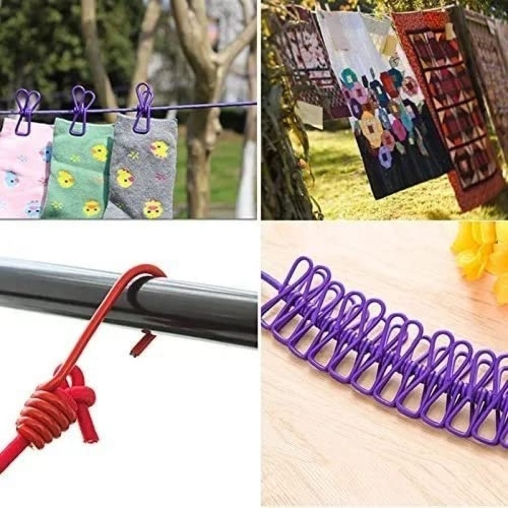 Multi-Functional Portable Clothesline with 12 Clips & Hooks – Indoor & Outdoor Windproof Drying Rope