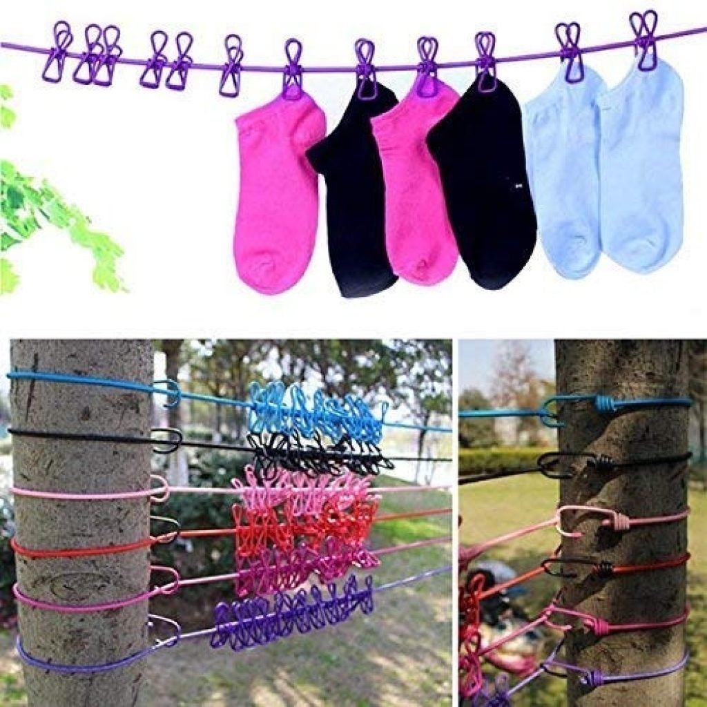 Multi-Functional Portable Clothesline with 12 Clips & Hooks – Indoor & Outdoor Windproof Drying Rope